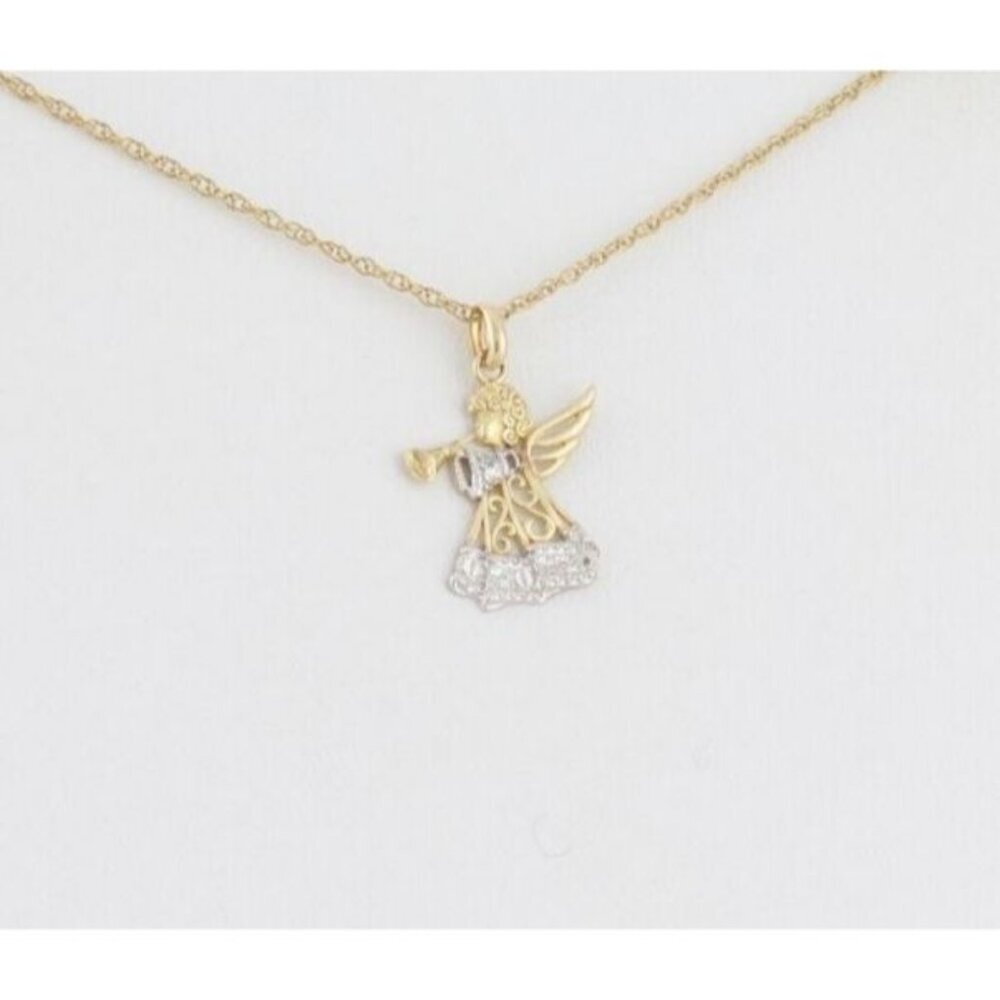 10k Yellow Gold & White Gold Angel Trumpet Necklace 18" Chain Dainty Delicate